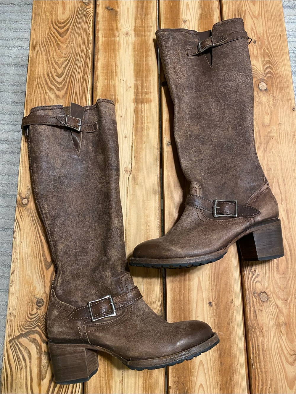 Freebird by Steven Distressed Brown Leather Mid-Calf Buckle Boots